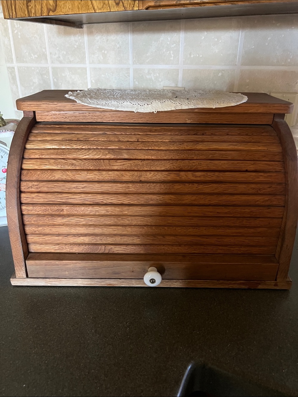 Vintage Wooden Bread Box with White Knob - Brown